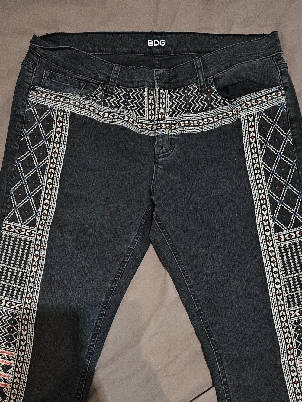 BDG Black Skinny Jeans with White & Red Embroidered Panels